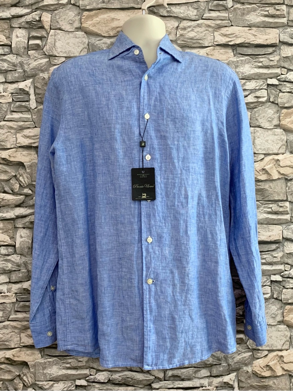 #07 NWT Pronto Uomo Linen Denim Blue Button Down Long Sleeve Dress Shirt Top New